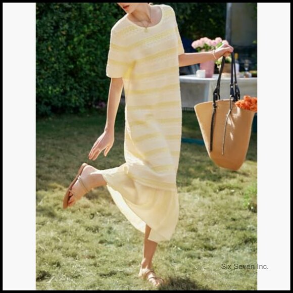 Striped Knitted Midi Dress, Viscose Nylon Blend, Casual Bohemian - Picture 3 of 7